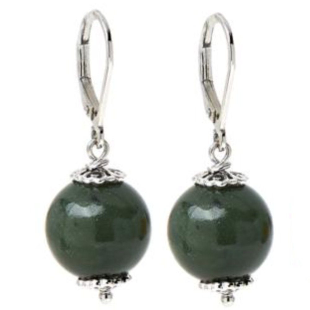 Sterling Silver Dark Green Jade Bead Drop Leverback Earrings